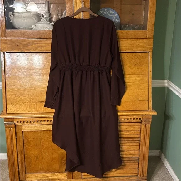 New York & Company Coffee Brown Long Sleeve Midi Chiffon Hi-Low Hem Dress - Picture 3 of 10